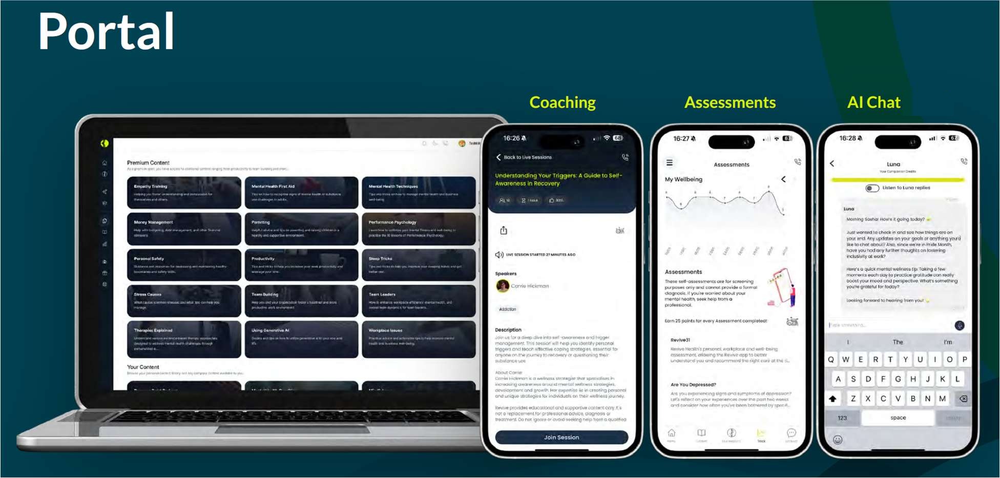 Wellness portal with coaching, assessments and AI chat on laptop and phone