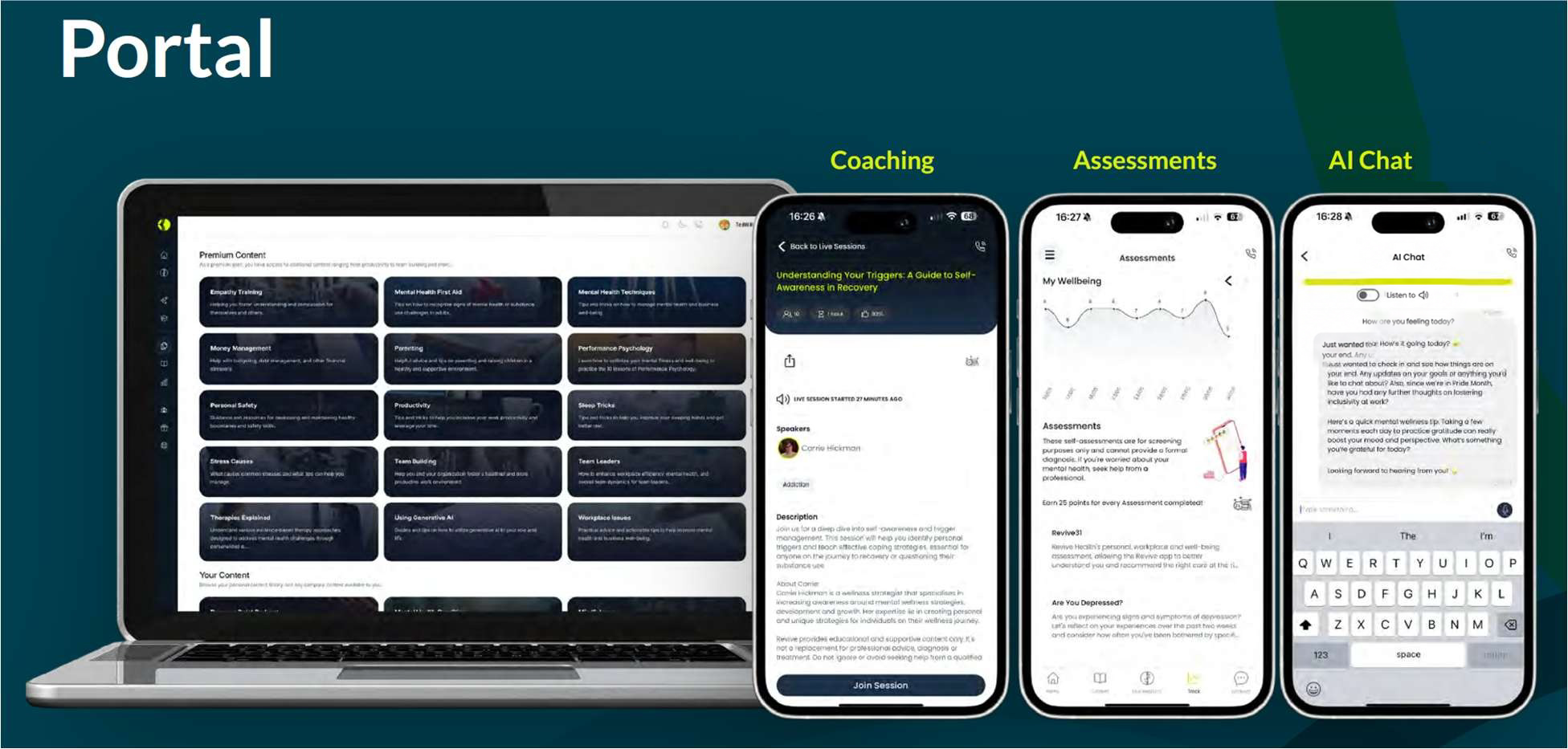 Wellness portal with coaching, assessments and AI chat on laptop and phone